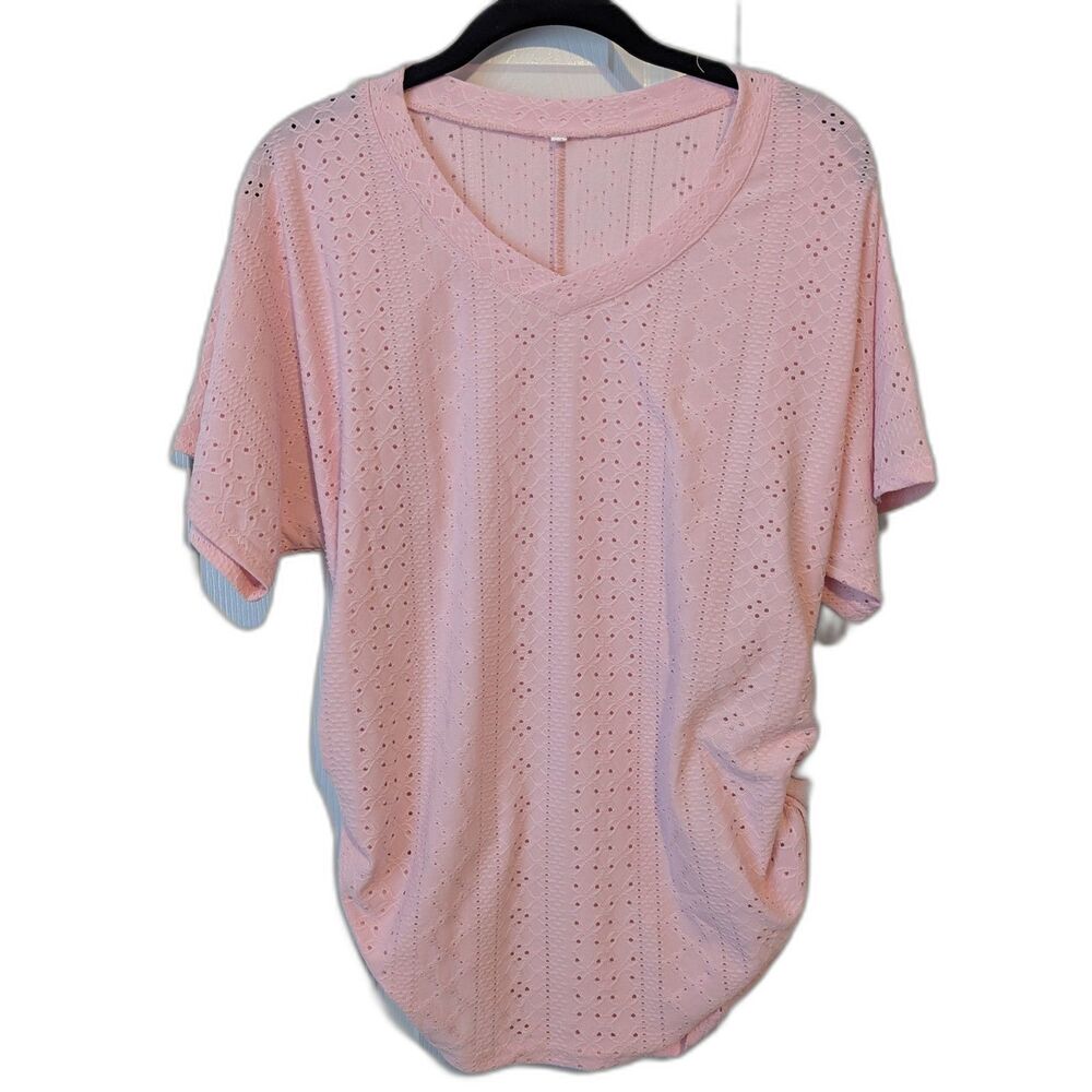 Women’s Pink Eyelet Short Sleeve Top Side Ruching Medium Feminine Barbie
